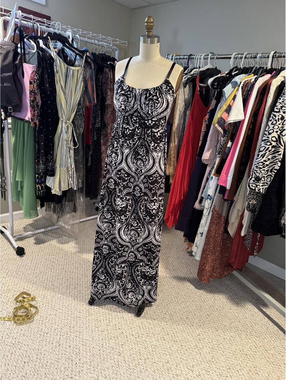Black and White Paisley Print Maxi Dress with Adjustable Straps - Medium